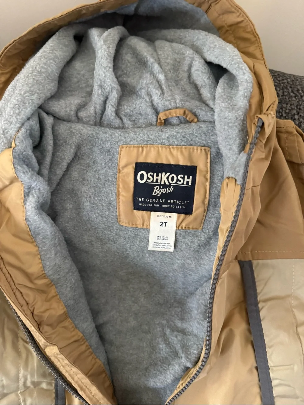 OshKosh B'gosh Tan Hooded Jacket with Light Weight Gray Lining Spring/Fall